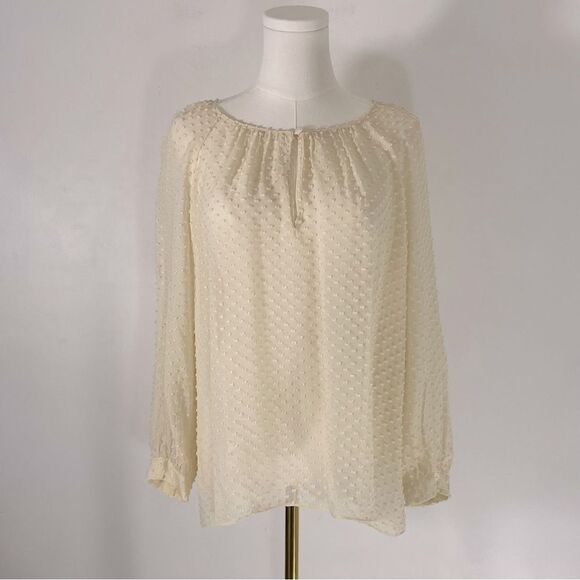 J. Crew Off White/Pale Yellow Long Sleeve Silk Blend Swiss Dotted Blouse Size 10 - Picture 1 of 7